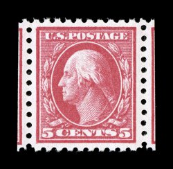 467, 5c Carmine error, a visually striking mint single of this popular error, being cut outside the perforations so that equal portions of the adjoining stamps show at the
sides, incredibly well centered within extravagantly large margins, brill