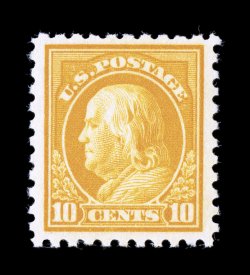 472, 10c Orange yellow, eye-arresting color that is incredibly deep and vivid, intense impression, well centered within wide margins, o.g., n.h., extremely fine 2003 PSE
certificate for a block of four, this being the bottom right stamp, and a