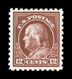 474, 12c Claret brown, well centered within very large margins, lovely rich color, o.g., n.h., extremely fine 2000 and 2007 PF certificates (latter grading VF-XF 85 SMQ
$250.00).