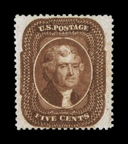 30, 5c Orange brown, Ty. II, a most impressive mint single, featuring enormously wide margins and being exceptionally well centered within them, gorgeous rich color and a sharp
impression, full o.g., lightly hinged, extremely fine 1992 and 2004