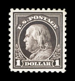 478, $1.00 Violet black, near perfect centering within large balanced margins, strong rich color and a well incised impression, o.g., relatively lightly hinged, extremely fine a
most impressive example of this high value Washington-Franklin 19