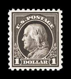 478, $1.00 Violet black, exceedingly well centered within uncharacteristically large margins, rich luxuriant color and a deeply etched impression, o.g., lightly hinged,
extremely fine an especially handsome example of this scarce high value ph