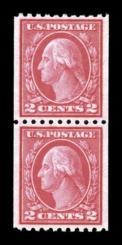 487, 2c Carmine coil, Ty. II, perf. 10 horiz., mint pair, deep intense color and impression, exceptionally well centered and margined, o.g., n.h., extremely fine 2007 PSE
certificate (XF-Superb 95 SMQ $270.00).