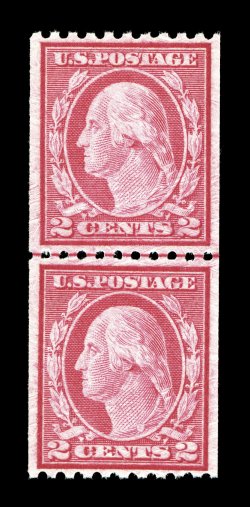 487, 2c Carmine coil, Ty. II, perf. 10 horiz., joint line pair, choice centering, bright color, pristine o.g., n.h., extremely fine 1989 PF certificate.