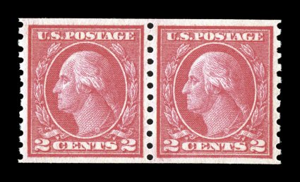 492, 2c Carmine coil, Ty. III, perf. 10 vert., lovely mint pair, with intense radiant color and a deeply etched impression, exceedingly well centered and margined, o.g., n.h.,
extremely fine and quite choice 1991 PSE certificate and a 2006 PSE