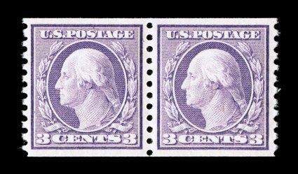493, 3c Violet coil, Ty. I, perf. 10 vert., another choice quality pair, exceedingly well centered and margined, wonderfully fresh, o.g., n.h., extremely fine 2007 PSE
certificate (XF-Superb 95 SMQ $285.00).