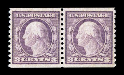 493, 3c Violet coil, Ty. I, perf. 10 vert., mint pair, exceedingly well centered and margined, warm color, o.g., n.h., extremely fine 2007 PSE certificate (XF-Superb 95 SMQ
$285.00).