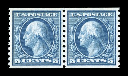 496, 5c Blue coil, perf 10 vert., a remarkably select pair, precisely centered within large margins, lovely rich color and a highly detailed impression, pristine o.g., n.h.,
extremely fine gem 2006 PSE certificate (Superb 98 SMQ $335.00) only