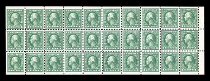 498f, 1c Green A.E.F. booklet pane of thirty, an outstanding mint example of this very scarce booklet pane, incredibly well centered throughout, deeply rich color, crisp and
intact, o.g., n.h., the third stamp in the middle row has a small gum d