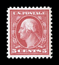 505, 5c Rose error, a most impressive mint example, extraordinarily well centered within much larger margins than normally found, deep vibrant color and a highly detailed
impression, o.g., lightly hinged, extremely fine 2007 PSE certificate (XF