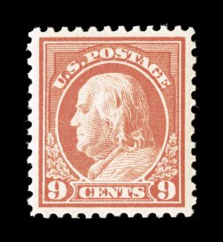 509, 9c Salmon red, impeccably centered within large margins, strong rich color and a sharp impression, brilliant o.g., n.h., extremely fine gem 2002 PF certificate and a 2006
PSE certificate (XF-Superb 95 SMQ $355.00).