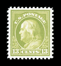 513, 13c Apple green, a wonderfully fresh mint single, beautiful rich color and a crisp clean impression on immaculate white paper, plus it is extraordinarily well centered
within large margins, o.g., n.h., extremely fine 1991 PF certificate an