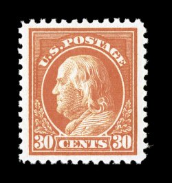 516, 30c Orange red, a remarkable quality mint single that is perfectly centered within lavish margins, but just as impressive is its truly intense color which is wonderfully
contrasted by its bright white paper, pristine o.g., n.h., an extremel
