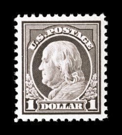 518, $1.00 Violet brown, extraordinarily well centered within uncommonly large margins, sumptuously rich color and a strong impression, flawless o.g., n.h., extremely fine and
choice 2007 PSE certificate (XF-Superb 95 SMQ $1,050.00).