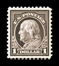 518, $1.00 Violet brown, exceptionally well centered within large margins, strong color and impression, o.g., n.h., extremely fine 2007 PSE certificate (XF 90 SMQ
$310.00).