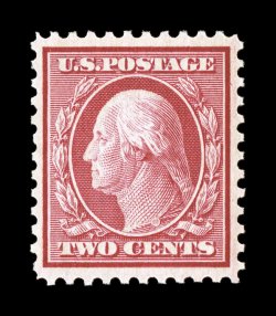 519, 2c Carmine, an especially fresh example, with deep rich color and a well incised impression, unusually well centered and margined, pristine o.g., n.h., choice very fine
2007 PSE certificate (VF 80 SMQ $900.00).
