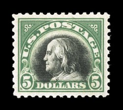 524, $5.00 Deep green and black, a superlative mint example, possessing a wonderful overall freshness, with brilliantly rich colors and deeply etched impressions on crisp white
paper, exceedingly large and perfectly balanced margins all around,