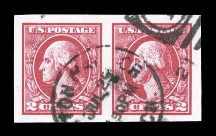 533, 2c Carmine offset imperforate, Ty. V, used horizontal pair, huge margins all around, radiant color on brilliantly white paper, duplex cancel, extremely fine a gem used pair
2005 PF certificate.