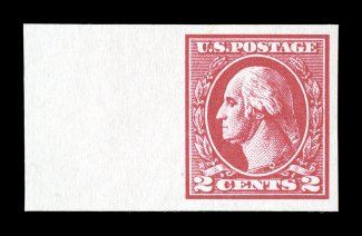 534B, 2c Carmine offset imperforate, Ty. VII, left sheet margin single, with an impressive 21mm selvage, other three margins also quite large, brilliantly fresh color and a
deeply etched impression on pristine white paper, o.g., l.h., light natu