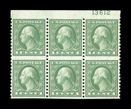 538a, 1c Green coil waste, vertical pair, imperforate horizontally, full top margin plate no. 13612 block of six containing three error pairs, being a plate block of four plus
and additional pair at left, exceptionally fresh, well centered, o.g.