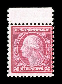539, 2c Carmine rose coil waste, Ty. II, perf. 11x10, top sheet-margin single, typical centering for this coil waste rarity, fresh color, pristine o.g., never hinged (especially
scarce thus), fine 2007 PF certificate.