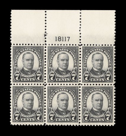 559, 7c Black, gem full top margin plate no. F18117 block of six, amazingly well centered, crisp and post office fresh, with deep color and detailed impression on bright paper,
o.g., n.h., extremely fine.