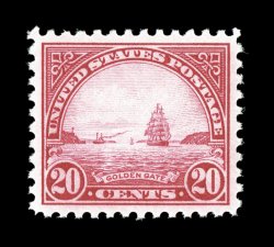 567, 20c Carmine rose, perfectly symmetrical margins all around, radiant rich color and a particularly intense impression, pristine o.g., n.h., an extremely fine gem 2007 PSE
certificate (Superb 98 SMQ $1,200.00).