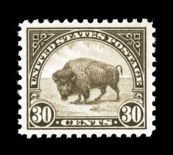 569, 30c Olive brown, exceedingly well centered within unusually large margins, sumptuously rich color and a deeply etched impression on fresh white paper, o.g., n.h., extremely
fine 2006 PSE certificate (XF-Superb 95 SMQ $520.00).
