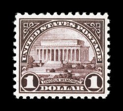 571, $1.00 Violet black, rich luxuriant color and a razor-sharp impression on clean white paper, especially well centered and margined, o.g., n.h., extremely fine 1990 PSE
certificate and a 2006 PSE certificate (XF-Superb 95 SMQ $660.00).