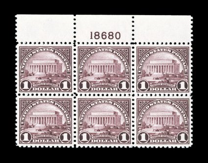 571, $1.00 Violet black, top margin plate no. 18680 block of six, remarkably well centered, intensely rich color on bright white paper, o.g., n.h., extremely fine not often
found in this premium condition.