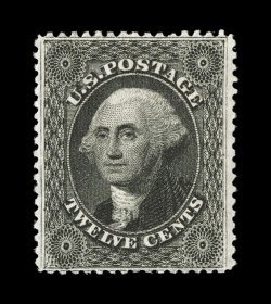 36, 12c Black, plate I, incredibly well centered for this issue, strikingly intense color and a prooflike impression on brilliantly fresh and crisp paper, full clean o.g.,
lightly hinged, extremely fine a notoriously difficult stamp to find not