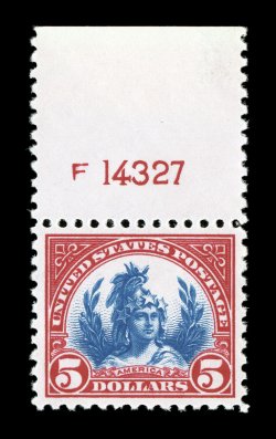 573, $5.00 Carmine and blue, lovely top margin plate no. F14327 single, extraordinarily well centered, exceedingly fresh, with beautiful vibrant colors and crisp detailed
impression on bright white paper, o.g., n.h., extremely fine 2007 PSE cer