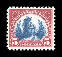573, $5.00 Carmine and blue, exceptionally well centered, beautiful colors that are exceedingly bright and fresh, crisp impression on pristine white paper, o.g., n.h., extremely
fine 2004 PSE certificate.