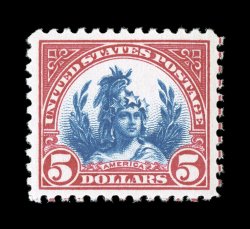 573, $5.00 Carmine and blue, well centered within large margins, rich bright colors, fresh clean o.g., n.h., extremely fine 2006 PSE certificate (XF 90 SMQ
$410.00).