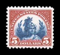 573, $5.00 Carmine and blue, deep rich colors and razor-sharp impressions on fresh white paper, exceptionally well centered and margined, o.g., n.h., extremely
fine.