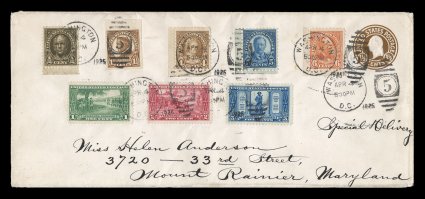 551, 576, 585-87, 617-19, An amazing eight stamp combination first day cover, an unusual array of stamps were issued on April 4, 1925, a new 12c Olive brown of the flat plate
perf. 11 series was issued on this day, as was the flat plate 1 12c