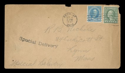 563, 11c Light blue, tied to first day cover along with 1c Green (543) to pay the special delivery rate by seldom seen Freemont, OhioOct 41922 machine cancel, backstamped Lynn,
Mass., edge tears at top and right with a couple of tiny pieces