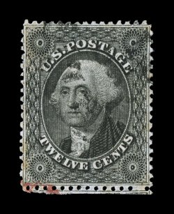 36, 12c Black, plate I, an uncommonly choice used example, wonderfully well centered for this narrowly spaced stamp, strong color and impression, light black c.d.s. and a small
bit of a red transit at bottom left, extremely fine 2007 PSE certif