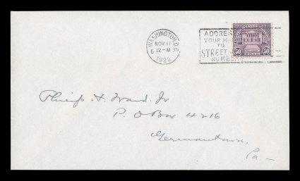 570, 50c Lilac, very well centered single with marvelously intense color, tied to fresh first day cover serviced by Philip H. Ward by Washington, D.C.Nov 111922 machine cancel,
exceptionally clean and attractive, extremely fine and scarce fi