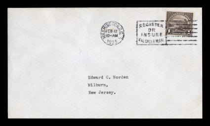 571, $1.00 Violet black, fresh and well centered single, tied to attractive first day cover by strong and clear strike of Washington, D.C.Feb 121923 machine cancel, serviced by
Edward C. Worden with his neat typed address, trivial mounting m
