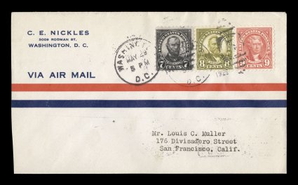 588-90, 7c Black, 8c Olive green and 9c Rose, three stamp combination first day cover, tied to C.E. Nickles corner card cover by WashingtonD.C.May 291925 duplexes, stamps are
well centered and neatly placed, backstamped San Francisco, very
