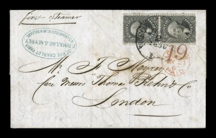 36, 12c Black, plate I, vertical pair with double perforations at right, tied by New Orleans c.d.s. on 1860 folded letter to England, red 19 credit handstamp also ties one stamp,
red London receiving c.d.s., blue merchants handstamp, very