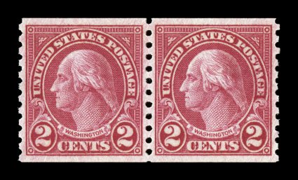 599A, 2c Carmine coil, Ty. II, perf. 10 vert., choice mint pair, exceedingly well centered and margined, strong color and impression, o.g., n.h., extremely fine 1981 and 2000 PF
certificates.