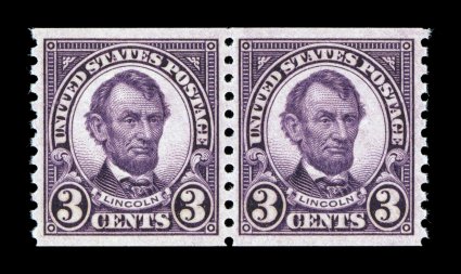 600, 3c Violet coil, perf. 10 vert., a perfect mint pair, featuring mathematically precise centering, deep prooflike color and impression, flawless o.g., n.h., superb a gem coil
pair whose condition could not be improved upon 2007 PSE certif