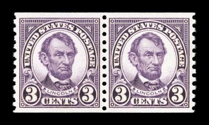 600, 3c Violet coil, perf. 10 vert., gem mint pair, outstanding centering, deep rich color and a sharp detailed impression on fresh paper, o.g., n.h., extremely fine 2007 PSE
certificate (Superb 98 SMQ $340.00).