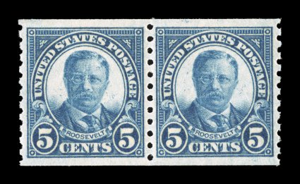 602, 5c Blue coil, perf. 10 vert., mint pair, absolutely perfectly centered within large margins, rich color and a strong impression, flawless o.g., n.h., extremely fine
actually a very challenging coil pair to find in this superb quality 2007