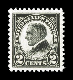 610, 2c Harding, a spectacular mint single that possesses truly amazing qualities, including mathematically precise centering within enormously large margins, but just as
impressive is the stamps deep jet black color and prooflike impression