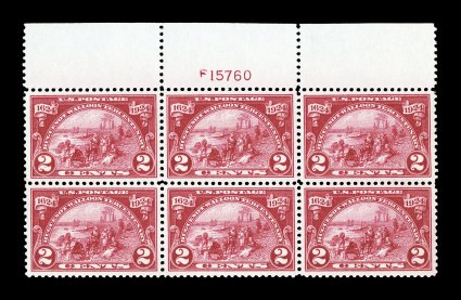 615, 2c Huguenot-Walloon, gem full top margin plate no. F15760 block of six, incredibly well centered throughout, dazzling intense color and impression, pristine o.g., n.h.,
extremely fine.