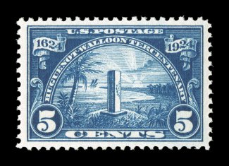 616, 5c Huguenot-Walloon, an eye-catching mint single, featuring striking deep luxuriant color and a razor-sharp impression on pristine white paper, plus it is extraordinarily
well centered amid very large margins, o.g., n.h., extremely fine 20