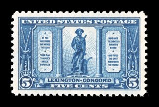 619, 5c Lexington-Concord, impeccably well centered within lavishly large margins, strong fresh color and a crisp impression, pristine o.g., n.h., extremely fine gem an
unusually choice Five Cent Lexington-Concord 2004 PSE certificate (Superb